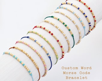 Colorful Beaded Bracelet Personalized with your message in Morse Code, 14k Gold Filled Beads on Silk Cord, 22 Colors