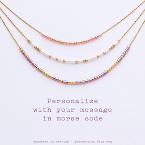 Grandma Gift, Custom Morse Code Necklace, 14k Gold Filled or Sterling Silver with Colored Glass Beads