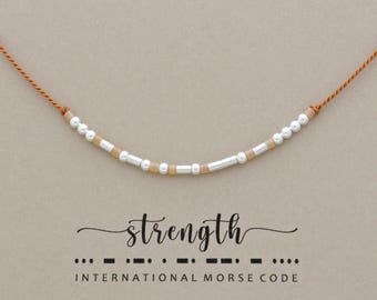 Morse Code Strength Bracelet: Sterling Silver Beads on Silk Cord