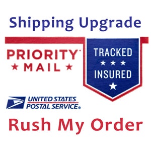 May include: A red and blue banner with the text "Shipping Upgrade" and "Priority Mail" with a star on each side. The banner also has the text "Tracked" and "Insured" with three stars above the word "Insured". A blue star is in the bottom right corner of the banner. The banner is above the text "United States Postal Service" and "Rush My Order".
