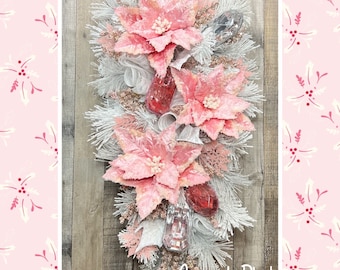 Pink gems and jewels, Pink Poinsettia Christmas, Winter Swag, white flocked pine swag, winter wreath