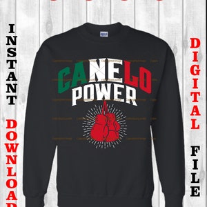 May include: A black sweatshirt with a white, red, and green design that says "Canelo Power" with a pair of red boxing gloves hanging from the text.