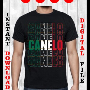 May include: A black t-shirt with the word "CANELO" repeated multiple times in white letters. The letters are stacked vertically and are outlined in green, white, and red, resembling the colors of the Mexican flag.