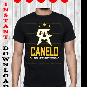 May include: A black t-shirt with a yellow graphic design featuring the name "CANELO" and three stars above the letter "A". The graphic also includes the text "STRENGTH HONOR COURAGE".