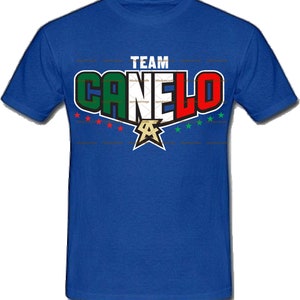 May include: A royal blue t-shirt with the words "TEAM CANELO" in a colorful graphic design. The graphic features a star with the number "4" inside, surrounded by red and green stars.