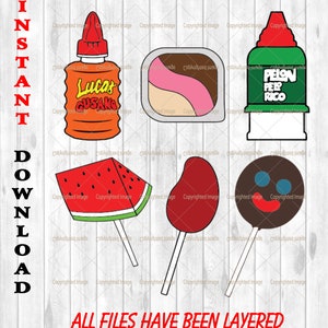 May include: A digital download of six layered and grouped SVG files featuring various Mexican candy designs. The designs include a watermelon lollipop, a red lollipop, a chocolate lollipop with a smiley face, a box of Lucas Gusano candy, a box of Pelon Pelo Rico candy, and a pink and brown ice cream bar.