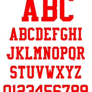 May include: Red uppercase letters A, B, C, and the alphabet in red, followed by the numbers 0 through 9 in red.
