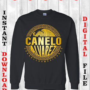 May include: Black sweatshirt with a gold graphic of a stylized eagle with the text "Canelo Alvarez" and "Orgullo Mexicano" around the eagle.