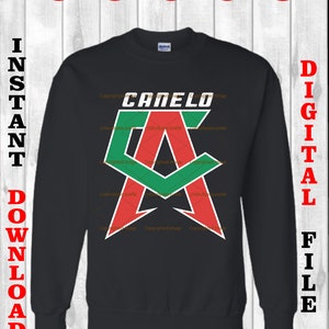 May include: Black sweatshirt with the word "CANELO" in white and a green and red graphic. The sweatshirt has a crew neck and long sleeves. The words "INSTANT DOWNLOAD" and "DIGITAL FILE" are printed vertically on the sides.