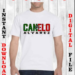 May include: A white t-shirt with a green, black, and red graphic design that says "CANELO ALVAREZ".