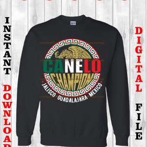 May include: A black sweatshirt with a gold, green, and red circle graphic featuring the text "CANELO CHAMPION JALISCO GUADALAJARA MEXICO".