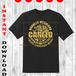 May include: A black t-shirt with a gold graphic design featuring a stylized Mexican coat of arms with the text "Orgullo Mexicano Canelo *Jalisco* Guadalajara *Mexico*"
