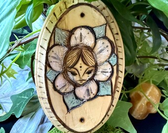 Blumen Gesicht Mädchen Holz brennen - Wandbehang - Gothic - Natur - Brandmalerei