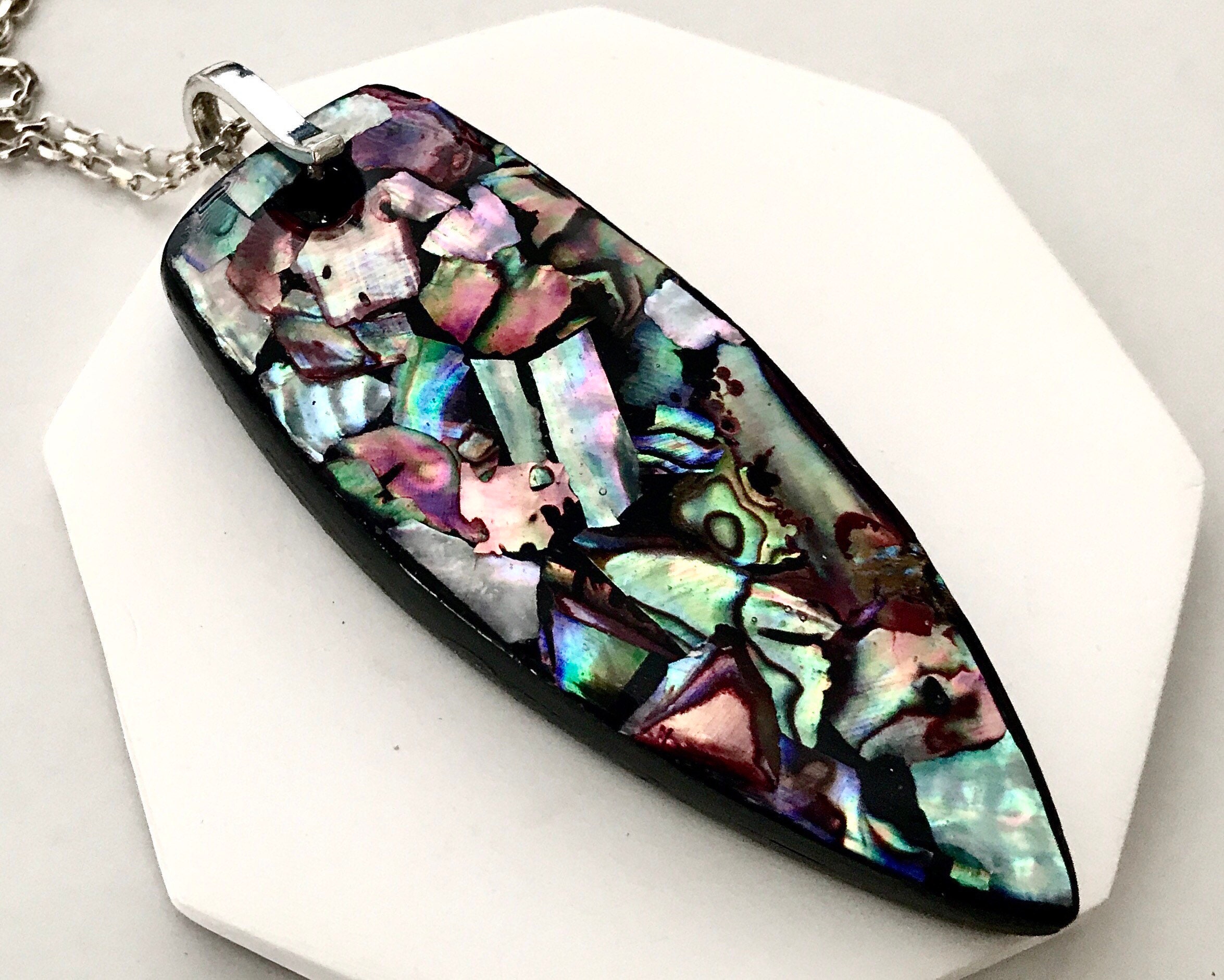 Polymer Clay Pendant Inlaid Crushed Shells Sterling Silver Etsy