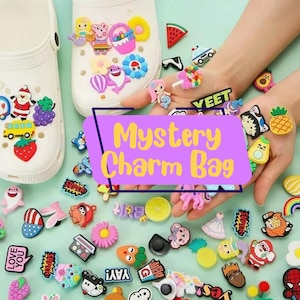 May include: A variety of colourful shoe charms in a mystery bag. The charms include cartoon characters, food, and other fun designs. The bag is labelled "Mystery Charm Bag".