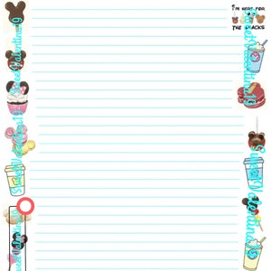 May include: A white lined paper with a blue line on each line. The paper is surrounded by colorful cartoon images of Mickey Mouse, Minnie Mouse, and other Disney characters. The text "Sweet Valentina 19" appears multiple times on the paper. The text "I'm here for the snacks" appears on the right side of the paper.
