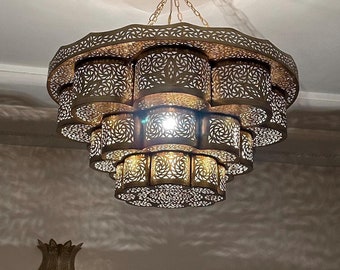 Marokkaanse messing kroonluchter, bronzen plafondlamp - koperen kroonluchter - bronzen lantaarn, handgemaakte Marokkaanse kroonluchter, hanglamp