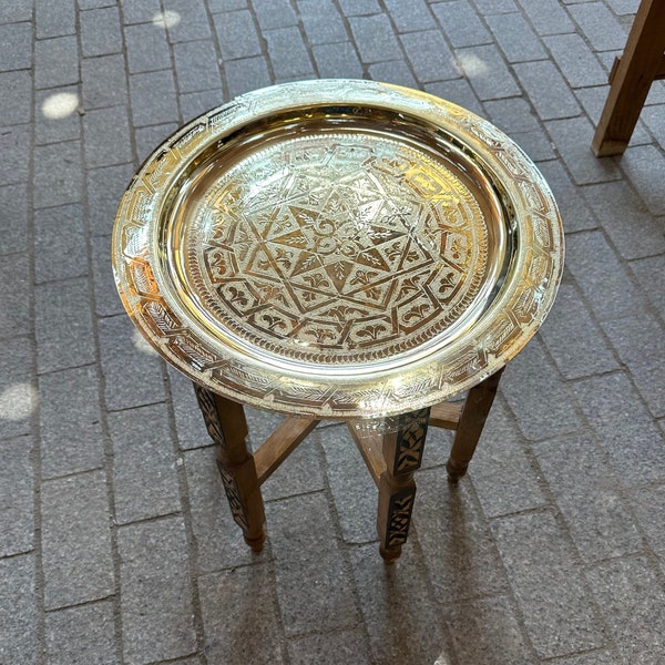 Moroccan brass table, Moroccan table in wood and brass, Marrakech Fés table made by hand, handmade table easy to arrange for any bedroom