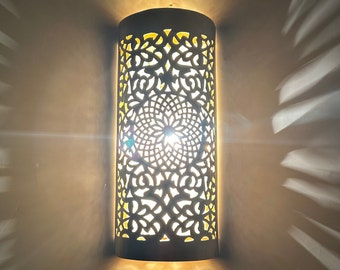Moroccan Brass Wall Sconce with Rose Design – Handmade Rectangular Wall Lamp – Oriental Home Lighting light