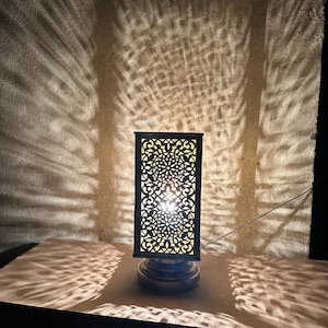 Moroccan brass table lamp, small brass table light lamps , handmade rectangular lampshade, boho art Silver bedside lamp, brass lampshad.