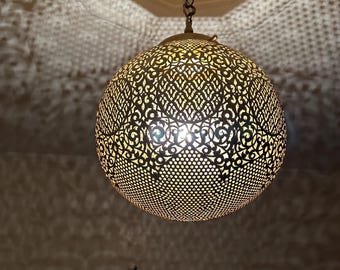 Lámpara de araña de latón marroquí, lámpara de araña de bronce, farol redondo de cobre, farol plateado, lámpara de techo colgante, lámpara colgante marroquí