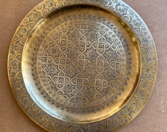 Bandeja de latón marroquí, bandeja artesanal con grabado, bandeja de servidumbre de cobre, decoración artesanal de bronce, decoración de Fez