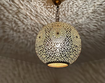 Lámpara de araña marroquí de latón, lámpara colgante marroquí de bronce, plafón redondo plateado, farol marroquí de cobre, decoración con lámparas Fez