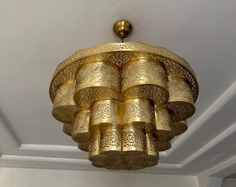 Lámpara de araña marroquí de latón, lámpara de techo de bronce, lámpara de araña de cobre, farol de bronce, lámpara de araña marroquí hecha a mano, lámpara colgante