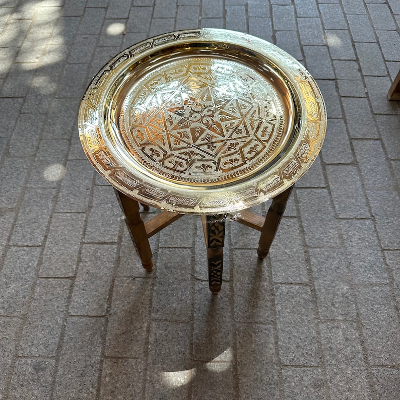 Moroccan brass table, Moroccan table in wood and brass, Marrakech Fés table made by hand, handmade table easy to arrange for any bedroom image 2