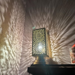 Moroccan brass table lamp, small brass table light lamps , handmade rectangular lampshade, boho art Silver bedside lamp, brass lampshad.