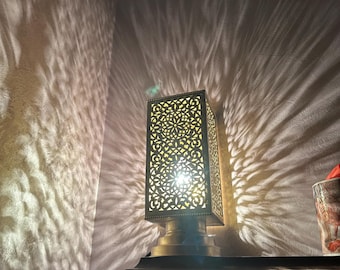 Moroccan brass table lamp, small brass table light lamps , handmade rectangular lampshade, boho art Silver bedside lamp, brass lampshad.