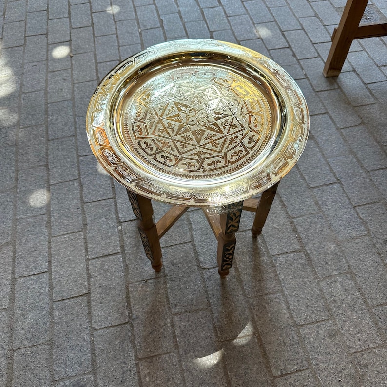 Moroccan brass table, Moroccan table in wood and brass, Marrakech Fés table made by hand, handmade table easy to arrange for any bedroom image 1