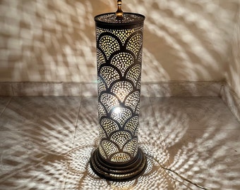 Moroccan table lamp brass lamp, bronze bedside lamp, silver night light, Handmade bedside lamp, copper lamp light decor, black shade lamp