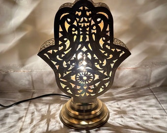 Moroccan brass table lamp - khamsa brass lamp - Moroccan standing lamp - small table lamp - bronze lampshade - silver night light - morocco