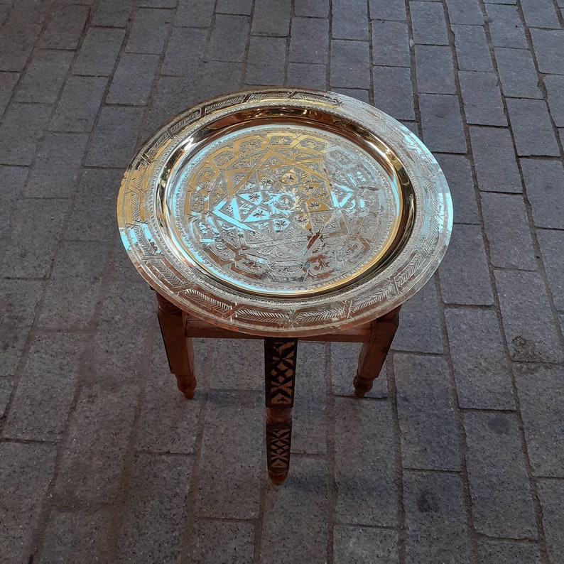 Moroccan brass table, Moroccan table in wood and brass, Marrakech Fés table made by hand, handmade table easy to arrange for any bedroom image 3