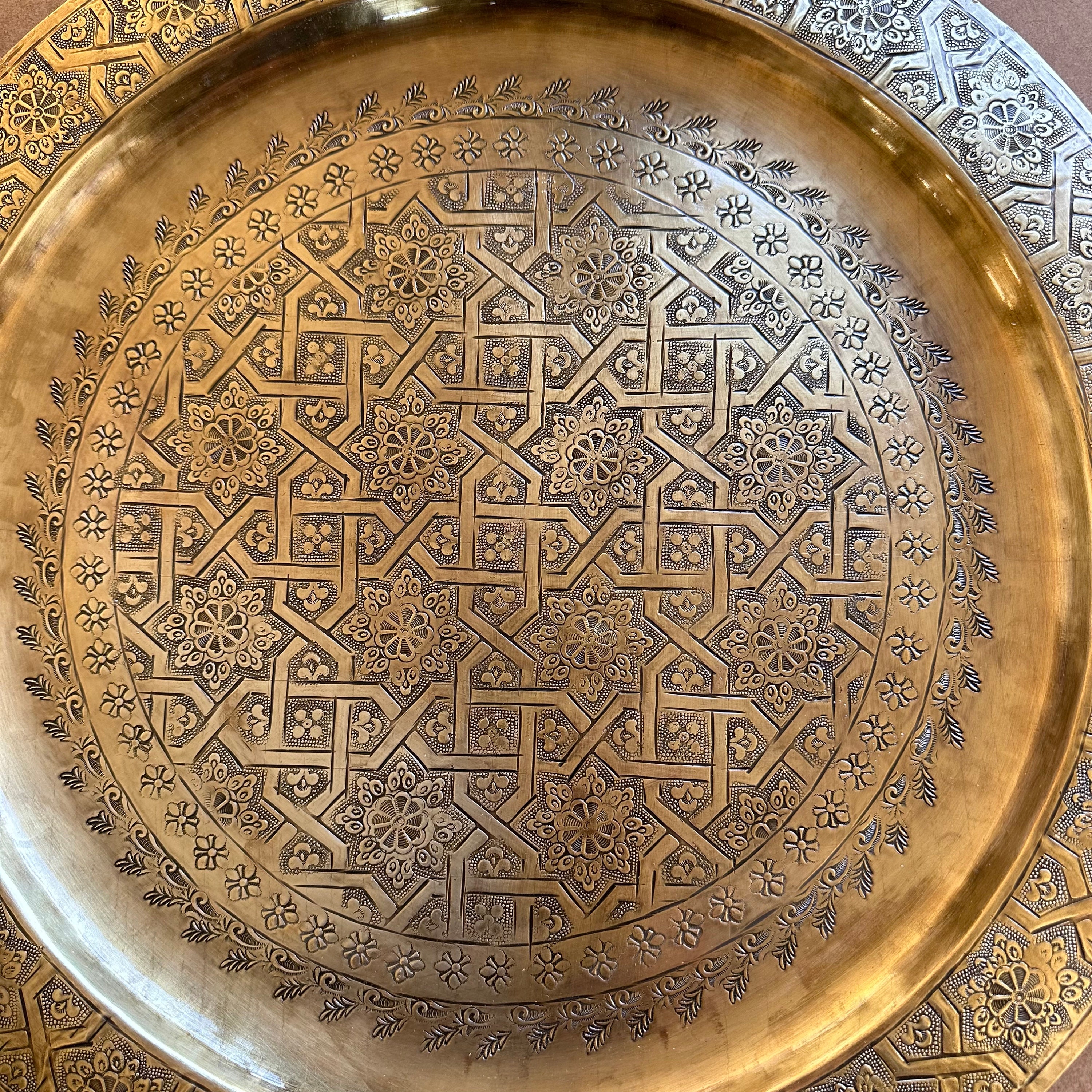 Moroccan Brass Tray, Artisanal Tray With Engraving, Copper