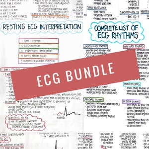 May include: A red and white handwritten note with the text "ECG BUNDLE" in large, bold letters. The note is surrounded by a handwritten list of ECG rhythms, including supraventricular rhythms, ventricular rhythms, junctional rhythms, paced rhythms, and AV block rhythms.