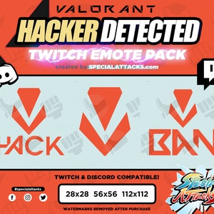 Può includere: Grafica di un Twitch Emote Pack arancione e bianco con la scritta "HACKER DETECTED". Il pacchetto include emote con le parole "HACK" e "BAN", insieme a icone di social media e il testo "SPECIALATTACKS.com".