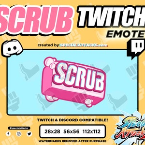 Könnte beinhalten: Ein rosa-weißer Cartoon-Seifenblock mit dem Wort "SCRUB" in weißen Buchstaben. Die Seife befindet sich auf einem hellblauen Hintergrund mit weißen Blasen. Der Text "SCRUB TWITCH EMOTE" ist in rosa und weißen Buchstaben auf gelbem Hintergrund. Der Text "TWITCH & DISCORD COMPATIBLE!" ist in schwarzen Buchstaben auf weißem Hintergrund. Der Text "28x28 56x56 112x112" ist in schwarzen Buchstaben auf weißem Hintergrund. Der Text "WATERMARKS REMOVED AFTER PURCHASE" ist in schwarzen Buchstaben auf weißem Hintergrund.