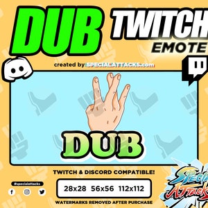 Könnte beinhalten: Grünes und schwarzes DUB Twitch-Emote mit einer Hand, die die "Dub"-Geste macht. Das Emote ist mit Twitch und Discord kompatibel. Das Bild enthält den Text "DUB TWITCH EMOTE" und "created by SPECIALATTACKS.com".