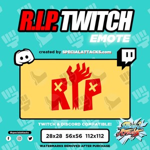Op de afbeelding: Een geel vierkant met een rode afbeelding van een hand die een kruis met de letters RIP vasthoudt. De tekst "RIP.TWITCH EMOTE" staat in zwarte en rode letters bovenaan de afbeelding. De tekst "created by SPECIALATTACKS.com" staat onder de afbeelding. De tekst "TWITCH & DISCORD COMPATIBLE!" staat onder de tekst "created by SPECIALATTACKS.com". De tekst "28x28 56x56 112x112" staat onder de tekst "TWITCH & DISCORD COMPATIBLE!". De tekst "WATERMARKS REMOVED AFTER PURCHASE" staat onder de tekst "28x28 56x56 112x112". De tekst "#specialattacks" staat in de linkerbenedenhoek van de afbeelding. De tekst "f" staat in de linkerbenedenhoek van de afbeelding. De tekst "o" staat in de linkerbenedenhoek van de afbeelding. De tekst "t" staat in de linkerbenedenhoek van de afbeelding.
