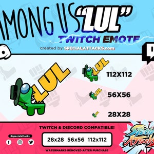 Puede incluir: Un personaje verde de Among Us con un sombrero negro y una burbuja de diálogo amarilla "LUL". El personaje está mordiendo la burbuja de diálogo. La imagen incluye el texto "Among Us "LUL" Twitch Emote" y "creado por SPECIALATTACKS.com".