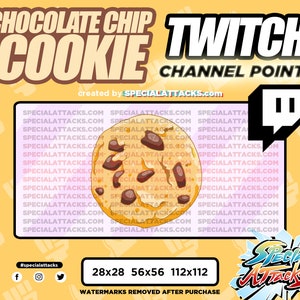 May include: A digital illustration of a chocolate chip cookie with a Twitch logo and the text "Twitch Channel Points" and "created by SPECIALATTACKS.com". The image also includes the text "#specialattacks", "28x28 56x56 112x112", and "WATERMARKS REMOVED AFTER PURCHASE".