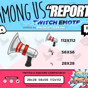 Puede incluir: Un megáfono blanco y rojo con un mango negro. El megáfono es un emote de Twitch para el juego Among Us. El emote está disponible en tres tamaños: 28x28, 56x56 y 112x112 píxeles. El emote es compatible con Twitch y Discord.