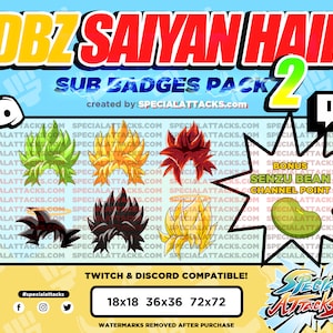 Twitch - Discord Saiyan Hair Sub Badge Pack 2 | Dragonball Z - Gogeta SSJ4 - Broly - Senzu Bean Channel Point