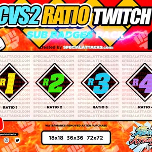 Könnte beinhalten: Ein Satz von vier Twitch-Sub-Badges für das Spiel CVS2 Ratio. Die Badges haben eine Diamantenform mit schwarzem Rand und einem weißen Buchstaben "R" in der oberen linken Ecke. Jedes Badge hat eine andere Farbe und Nummer: Gelb mit 1, Grün mit 2, Blau mit 3 und Lila mit 4. Der Text "CVS2 RATIO TWITCH" befindet sich oben im Bild in blauer und weißer Schrift. Der Text "SUB BADGES PACK" befindet sich unter dem Titel in weißer Schrift. Der Text "Created by SPECIALATTACKS.com" befindet sich unter dem Text des Sub-Badges-Pakets in weißer Schrift. Der Text "WATERMARKS REMOVED AFTER PURCHASE" befindet sich unter den Badges in weißer Schrift. Der Text "18x18 36x36 72x72" befindet sich unter dem Wasserzeichentext in weißer Schrift. Der Text "#specialattacks" befindet sich in der unteren linken Ecke des Bildes in weißer Schrift. Der Text "f @" befindet sich unter dem Hashtag in weißer Schrift.