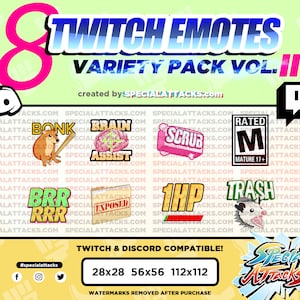 May include: A digital illustration of eight Twitch emotes, featuring a variety of characters and expressions. The emotes are designed for use on Twitch and Discord. The emotes are compatible with 28x28, 56x56, and 112x112 pixel sizes. The text "TWITCH & DISCORD COMPATIBLE!" is displayed below the emotes. The text "#specialattacks" is displayed in the lower left corner of the image.