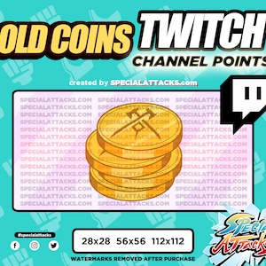 Puede incluir: Monedas de oro con un logotipo de Twitch y el texto "Channel Points" sobre un fondo rosa. El texto "created by SPECIALATTACKS.com" también es visible. La imagen incluye el texto "28x28 56x56 112x112" y "WATERMARKS REMOVED AFTER PURCHASE".