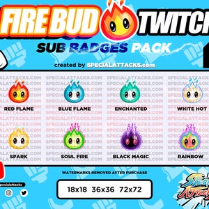 Pode incluir: Um conjunto de emblemas de inscrição do Twitch com um personagem de fogo de desenho animado em várias cores e poses. Os emblemas incluem Chama Vermelha, Chama Azul, Encantado, Branco Quente, Faísca, Fogo da Alma, Magia Negra e Arco-íris. Os emblemas estão disponíveis em três tamanhos: 18x18, 36x36 e 72x72.
