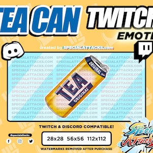 May include: A yellow and blue can of tea with the word "TEA" in a white circle and the word "ORIGINAL" below it. The can is surrounded by a white border and the text "TWITCH & DISCORD COMPATIBLE!" is below the can. The text "28x28 56x56 112x112" is below the text "TWITCH & DISCORD COMPATIBLE!" and the text "WATERMARKS REMOVED AFTER PURCHASE" is below that.